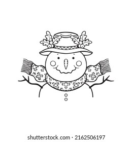 Vector illustration of a snowman in a hat. New Year and Christmas. Portrait of a smiling snowman. Black-white illustration, doodle, outline isolated on white background.