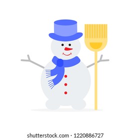 Vector illustration with snowman in hat and scarf with broom. Funny cartoon winter illustration . Happy New Year, Christmas greeting card.