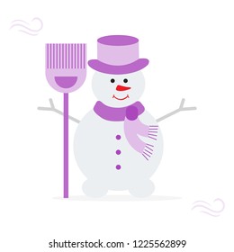 Vector illustration with snowman in hat and scarf with broom. Funny cartoon winter illustration . Happy New Year, Christmas greeting card.