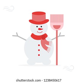 Vector illustration with snowman in hat and scarf with broom. Funny cartoon winter illustration . Happy New Year, Christmas greeting card.