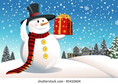 A vector illustration of a snowman holding a Christmas present