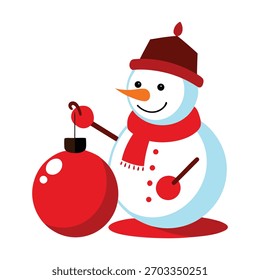 Ilustración vectorial de un muñeco de nieve con un adorno rojo
