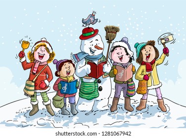 Vector illustration, snowman with kids caroling, cartoon concept.