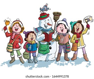 Vector illustration, snowman with kids caroling, cartoon concept.