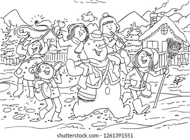 Vector illustration, snowman with kids go caroling, coloring drawing, cartoon concept.
