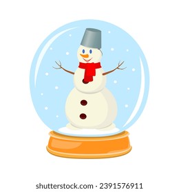 Ilustración vectorial. Hombre de nieve con una bola de vidrio mágico. Ilustración de Año Nuevo y Navidad