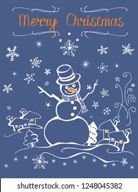 Vector illustration of snowman and many snowflakes. Merry Christmas