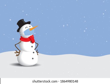 Vector illustration of a snowman with medical mask in snowy landscape