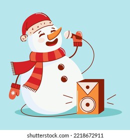Vector illustration of a snowman with a microphone singing karaoke. The concept of New Year and Christmas