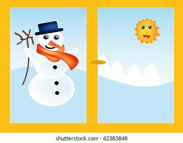 vector illustration of snowman with nice view from window on winter landscape