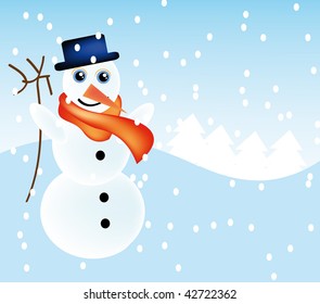 vector illustration of snowman with nice winter landscape