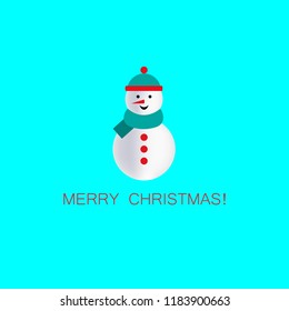 Vector illustration. Snowman on blue background with lettering merry christmas. Christmas card.