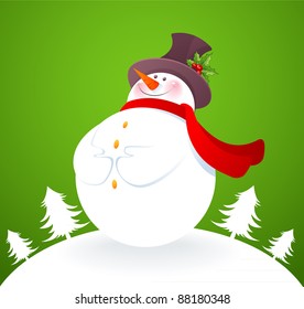 Vector illustration of Snowman on green back