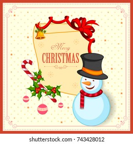 vector illustration of Snowman on Merry Christmas holiday festival greeting background