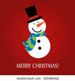 Vector illustration of a snowman on a red background with text Merry Christmas!