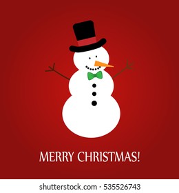 Vector illustration of a snowman on a red background with text Merry Christmas!