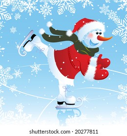 Vector illustration - snowman on a skating rink