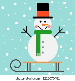 Vector illustration of a snowman on a sleigh on a snow background