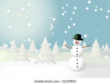 Vector illustration of a snowman on a snowy field