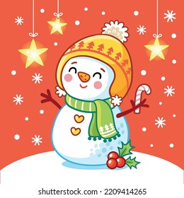 Vector illustration with a snowman on a snowy meadow. Christmas card in cartoon style on a New Year theme.