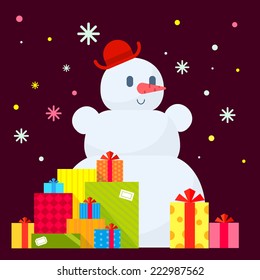 Vector illustration of the snowman and piles of presents on dark background with colorful snowflakes. Color bright flat design for card, banner, poster, advertising, blog