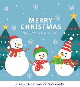 vector illustration snowman and pine tree decorative with light ball while snow falling, merry christmas and new year concept, greeting new year card