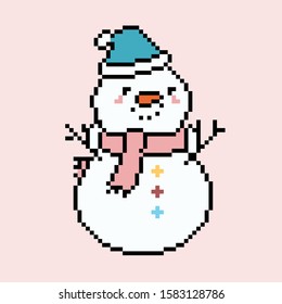 Vector illustration of a snowman in pixel art