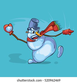 vector illustration of snowman plays snowballs. Christmas Picture isolate on blue background