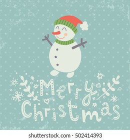 vector illustration of a snowman, polka dot background and Merry Christmas hand lettering text