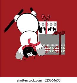 Vector illustration of snowman with presents on red background. Nordic design
