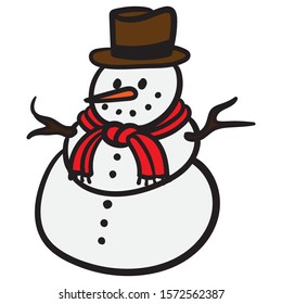 Vector illustration of a snowman with red scarf and brown hat. carrot nose. cold, character, illustration.