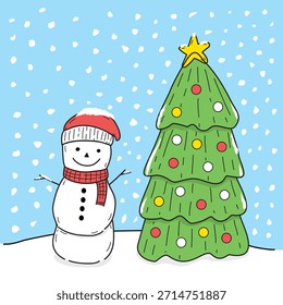 Ilustración vectorial de un muñeco de nieve con gorro de nieve rojo y bufanda roja y un árbol de Navidad verde con adornos de círculos y una estrella amarilla en un primer plano blanco y fondo azul con caídas de nieve blancas.