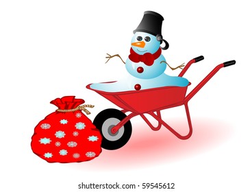 Vector illustration the snowman in a red wheelbarrow.