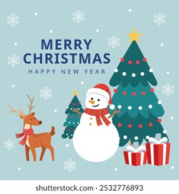 vector illustration snowman and reindeer with pine tree decorative with light ball while snow falling, merry christmas and new year concept, greeting new year card