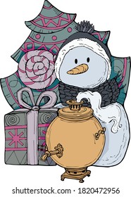 vector illustration snowman with samovar and lollipop onthe background of a christmas tree,a gift