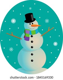 Vector illustration of a snowman in a scarf and hat on an oval background with snowflakes for winter, Christmas and New Year greeting card.