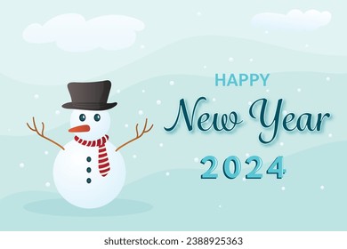 Vector illustration of a snowman with a scarf and hat on a snowdrift wishes you a happy new year and Christmas