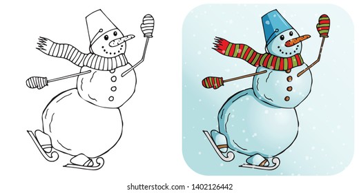 Vector illustration of a snowman with a scarf and skates, on a white background with snowflakes in a doodle style