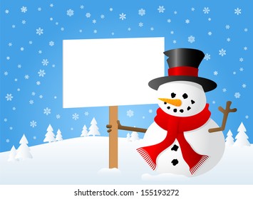 vector illustration of a snowman with a sign in his hand