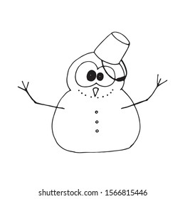 Vector illustration. Snowman silhouette isolated on white background. Winter decoration design element. Hand drawn holiday doodle clipart.