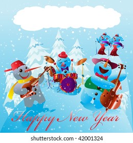 vector illustration, snowman singing in a band, banner concept.