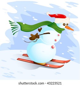 vector illustration of snowman with skis