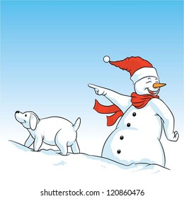 Vector illustration of a snowman and a snow dog