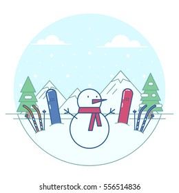 Vector illustration of the snowman and snowboarding and skiing equipment on snowy fir trees and mountains background. Winter activities and recreation topic.