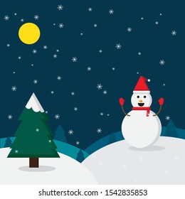 Vector illustration of a snowman and snowflake on a blue  winter christmas background 