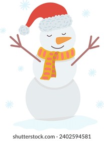 Vector illustration of a snowman and snowflakes. An illustration of a snowman for a merry Christmas and a happy new year. Vector illustration. An element for a New Year's card or poster.