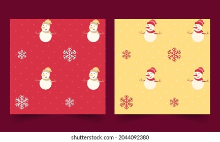 Vector Illustration Of Snowman And Snowflakes On Dotted Background In Two Color Options. 