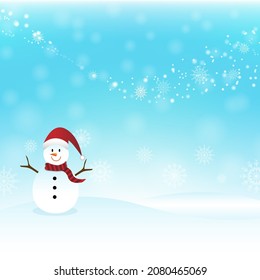 Vector illustration of snowman standing in winter landscape in Christmas time
