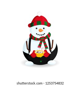 Vector Illustration of Snowman in Striped Hat and Scarf with Hot Chocolate and Candy Cane. Drawing of Winter Holidays. Traditional Winter Character