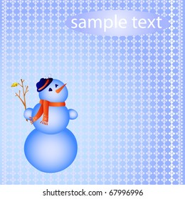 Ilustración vectorial de un muñeco de nieve con ramita sobre un fondo azul